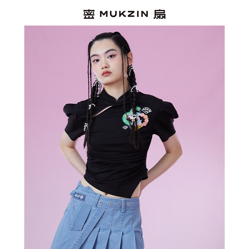 密扇截短式中式T恤黑色女