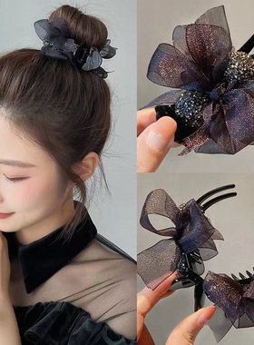 黑色网纱蝴蝶结发夹丸子头抓夹盘发神器女韩国夹子头饰发卡发抓夹