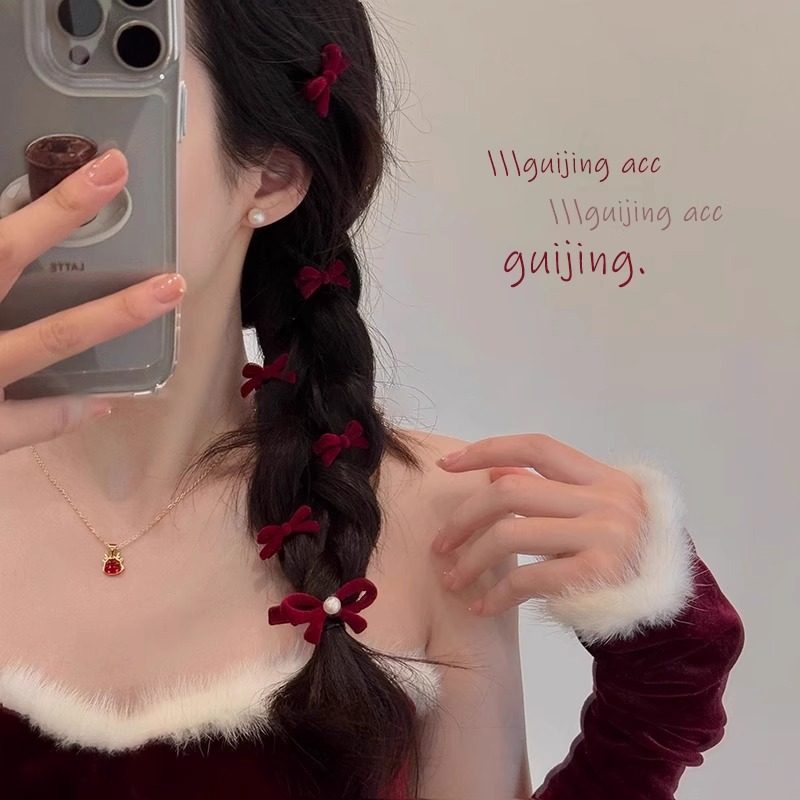 新年红色丝绒珍珠蝴蝶结刘海发夹女感侧马尾编发夹子圣诞头饰,饰品/流行首饰/时尚饰品新,民族风发饰,淘宝优惠券,粉丝福利购,淘宝优惠卷