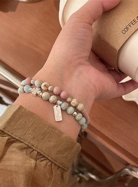 撞色寿山石串珠手链女夏ins小众设计感弹力手串轻奢网红气质手饰