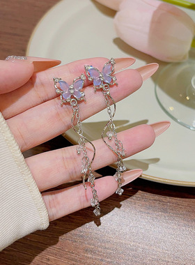 925银针紫色蝴蝶耳环轻奢高级感小众气质流苏耳坠夏天精致耳饰女