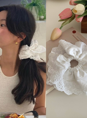 fever同款白色蕾丝镂空花边发圈法式复古温柔大号扎头发头花头绳