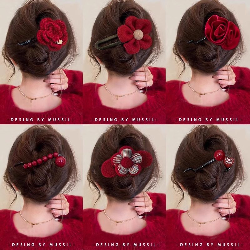 新年红色花朵发夹女后脑勺盘发一字扭扭夹气质百搭鸭嘴夹头饰发卡,饰品/流行首饰/时尚饰品新,民族风发饰,淘宝优惠券,粉丝福利购,淘宝优惠卷