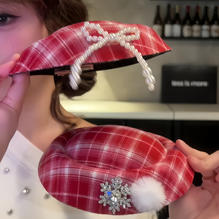 圣诞节红色格纹小礼帽发夹头饰配饰2025新款雪花闪锆夹子发饰女