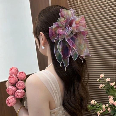 独特漂亮夏季花朵网纱裙摆抓夹女