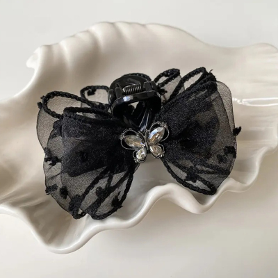 黑色泡泡网纱波点水钻蝴蝶结抓夹
