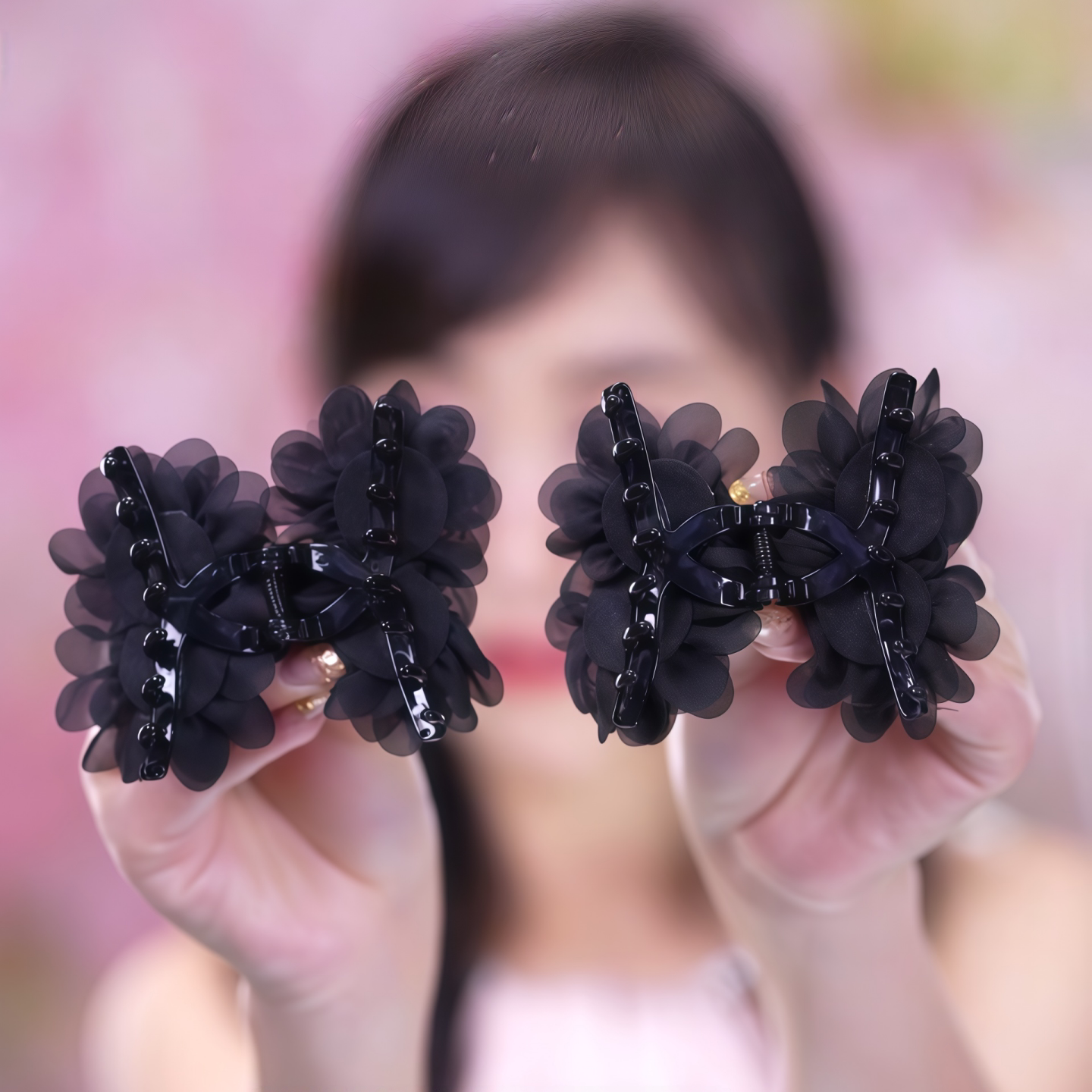 黑色玫瑰花瓣小抓夹女后脑勺盘发发夹高马尾夹丸子头半扎发饰头饰图片