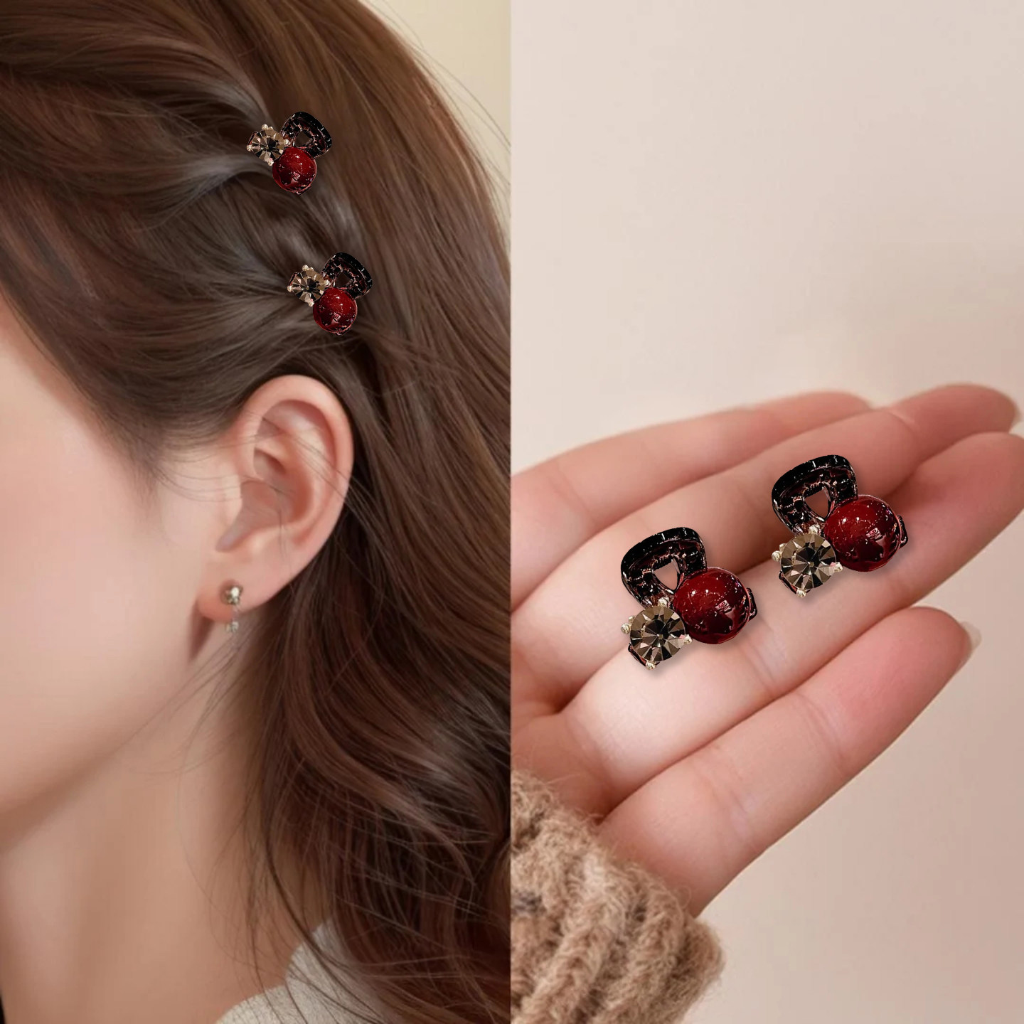 红色珍珠水钻发夹侧边边夹