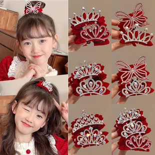 新年过年儿童丸子头红色发扣饰品配饰皇冠头饰女童马尾扣发夹发饰
