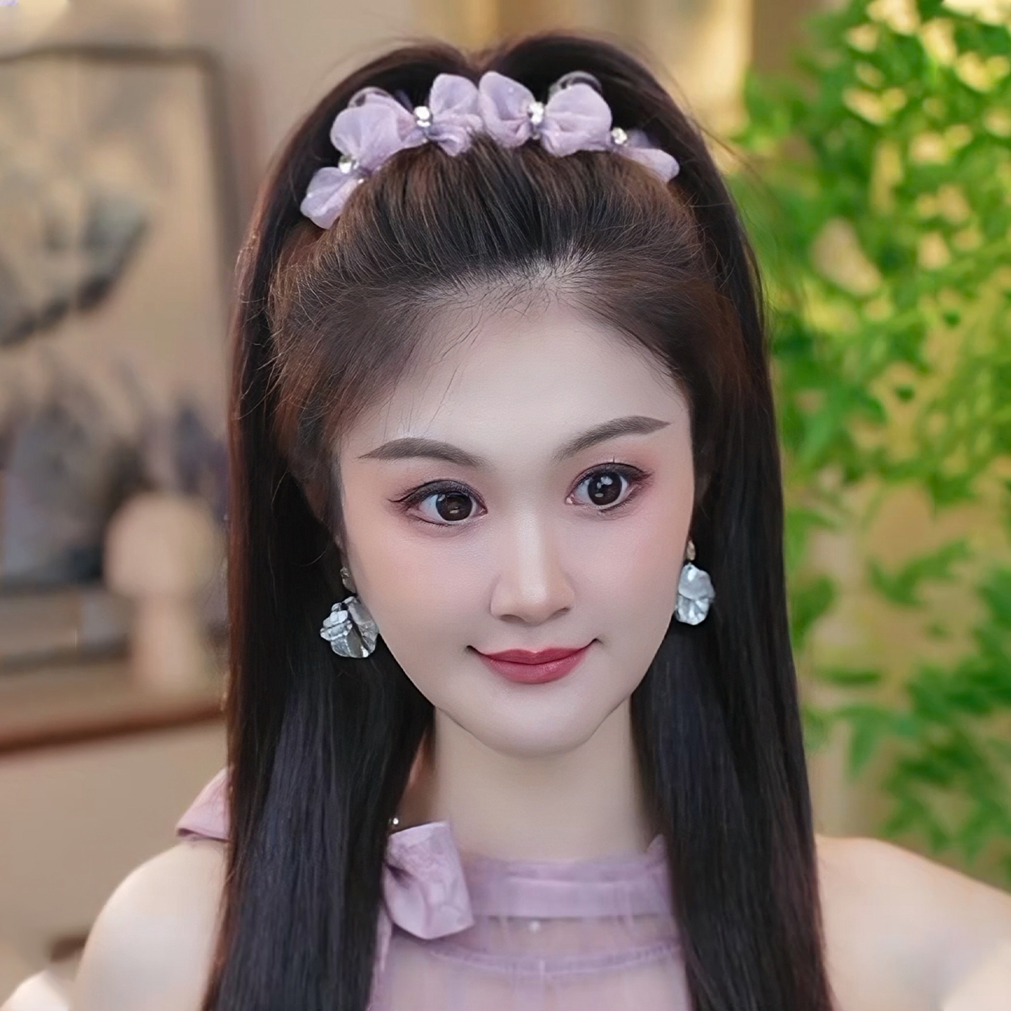 满天星网纱闪钻粉色双蝴蝶结抓夹