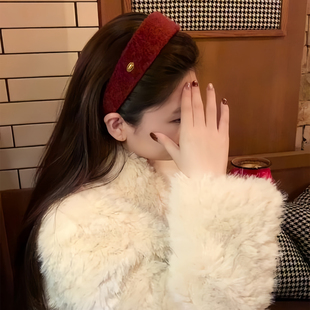 新年毛呢红色金标宽边发箍女高颅顶秋冬毛绒头箍日常外戴头饰发饰