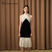 丝绒绣花雪纺飘带两穿连衣裙 VEVINA冬新款 戴萌同款 DIANA