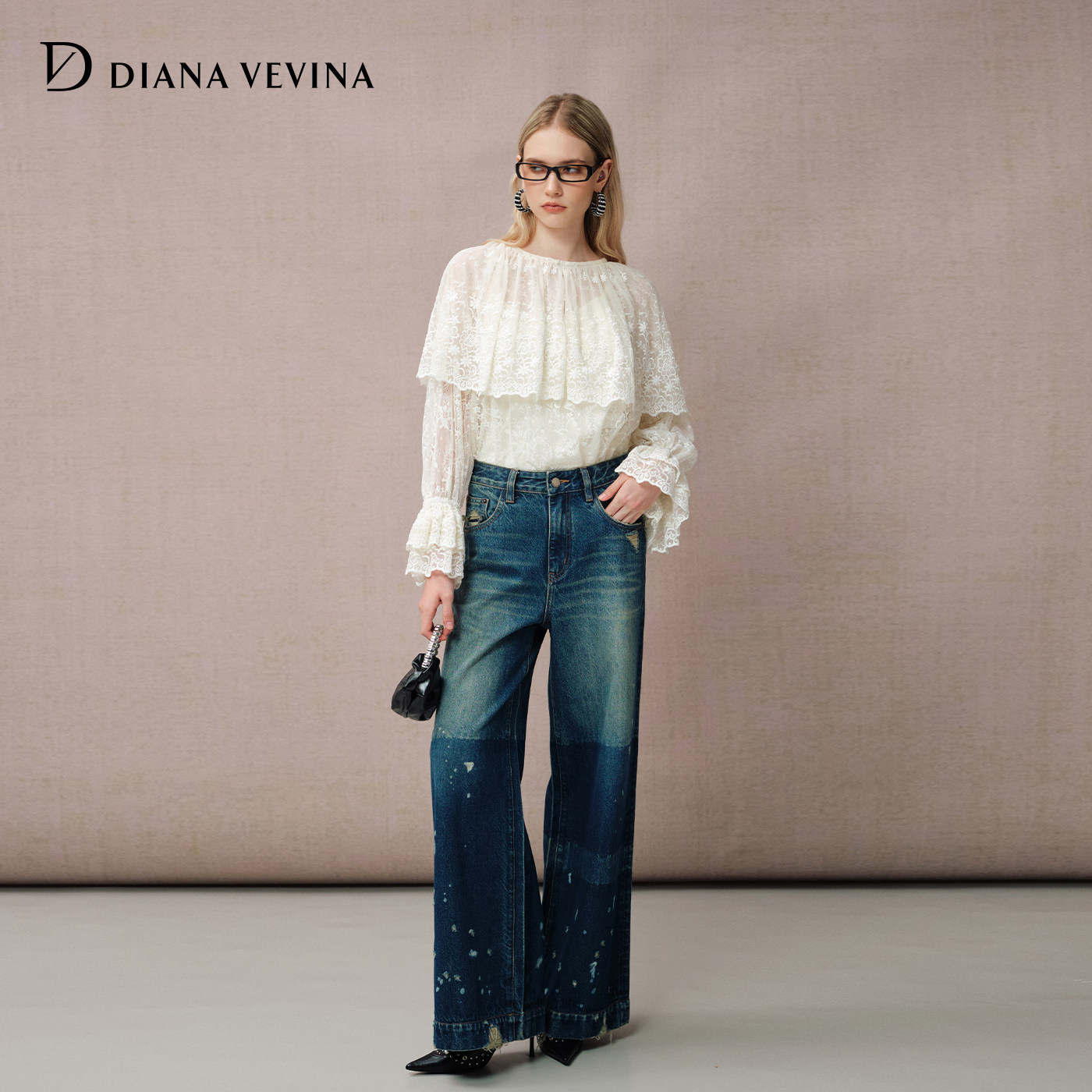 DIANAVEVINA2026夏季新款蕾丝披肩领小衫荷叶边女灯笼长袖雪纺衫