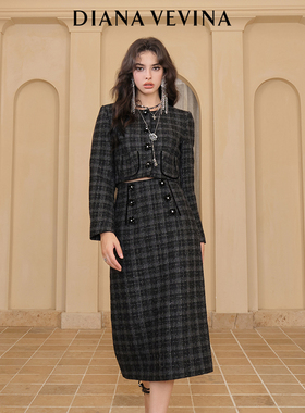 DIANA VEVINA黑色格纹短毛呢上衣外套双排扣开叉半裙女秋套装23AW