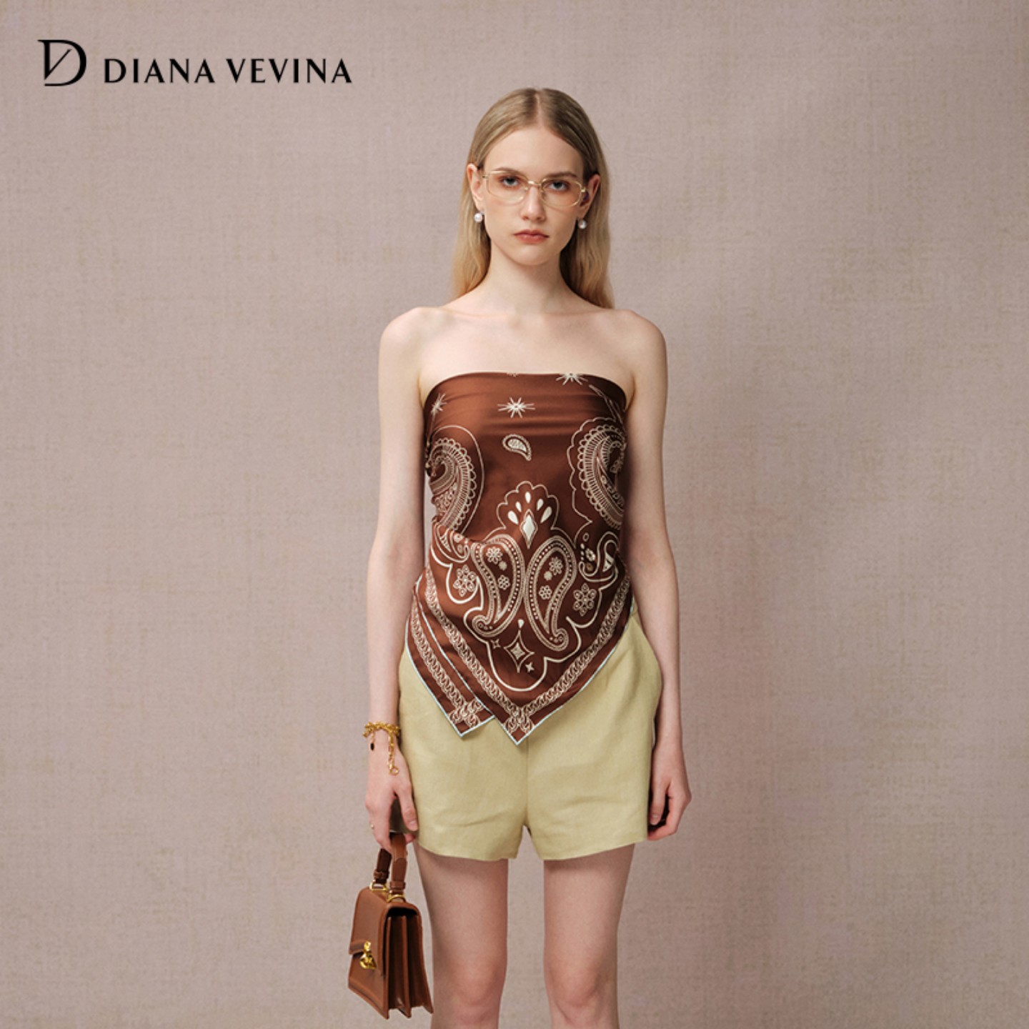 DIANAVEVINA2026夏季新款桑蚕丝抹胸女短印花蝴蝶结背心显瘦丝巾图片