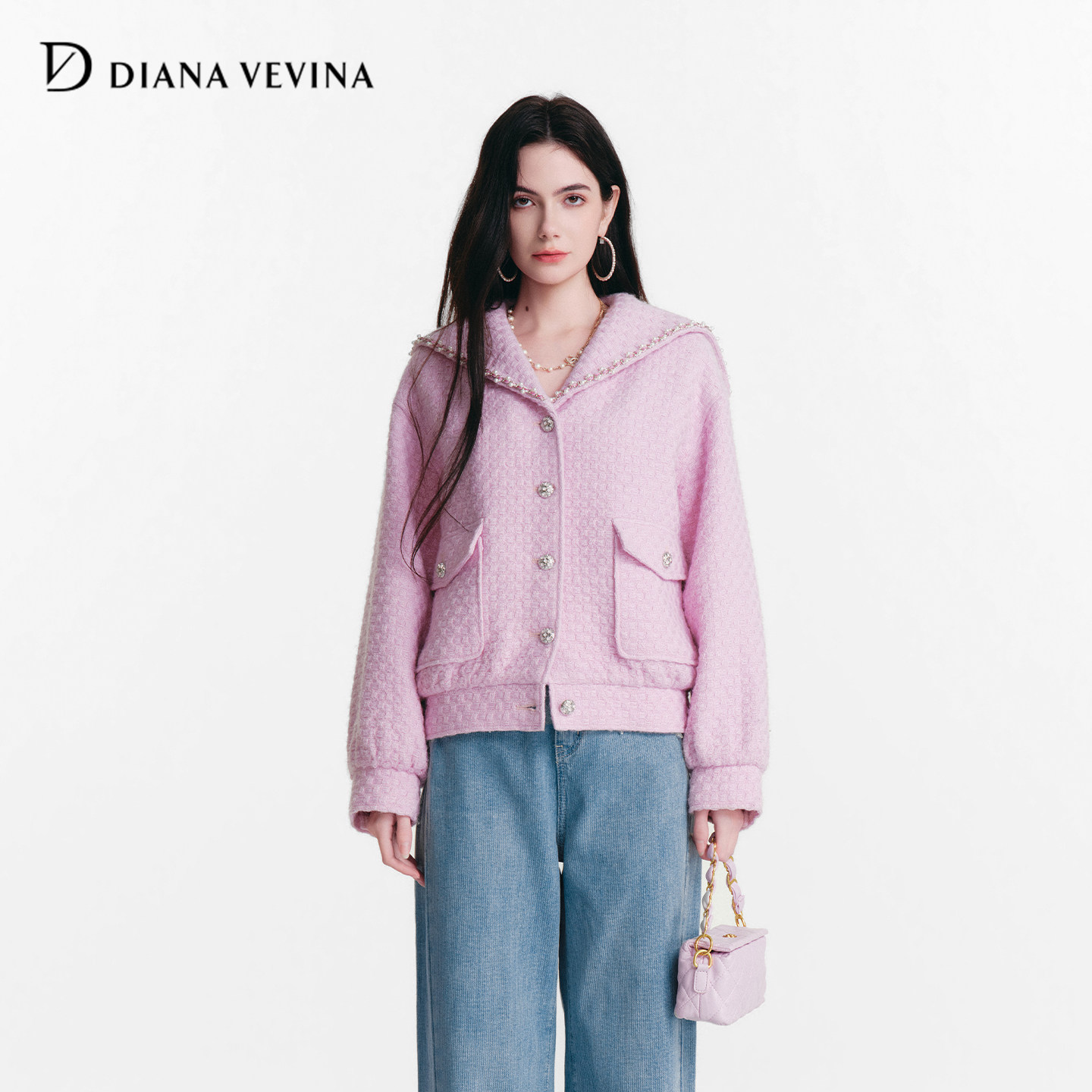 DIANAVEVINA冬季新款小香风粉色海军领短外套女宽松绗棉保暖