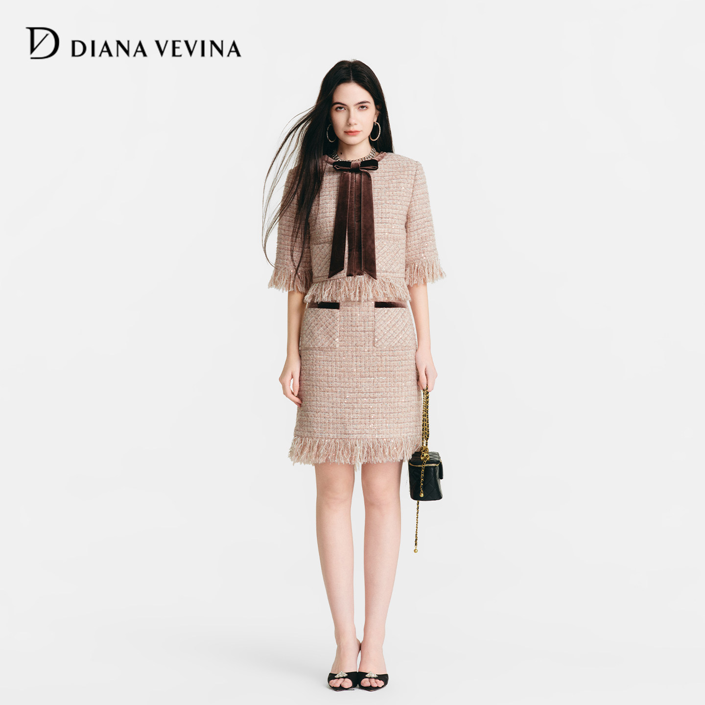 DIANAVEVINA2026春季新款小香风丝绒撞色双面穿短外套半身裙套装