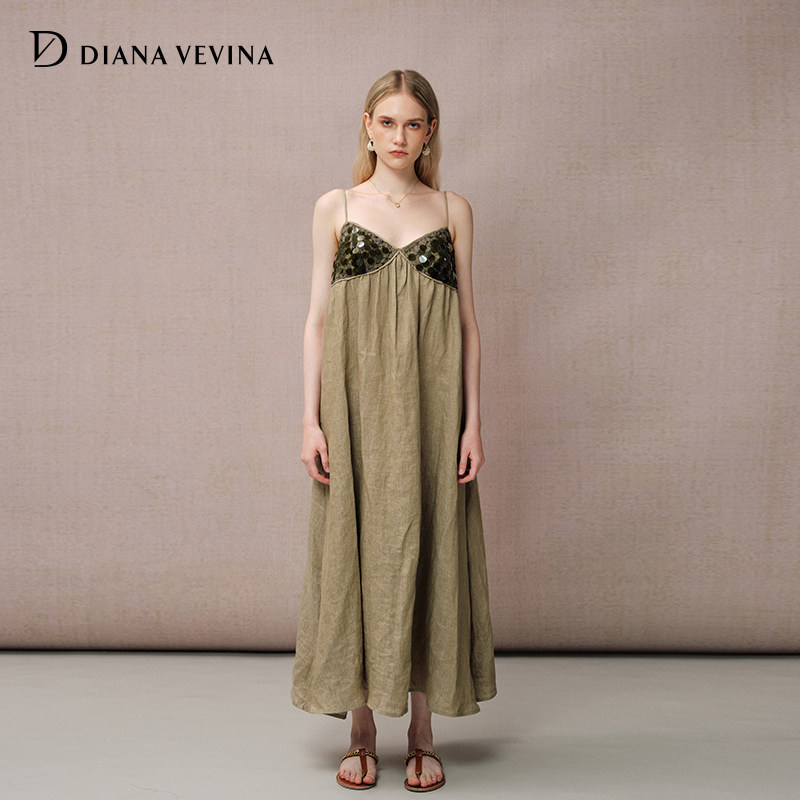 【代露娃同款】DIANAVEVINA夏季新款吊带连衣裙女亚麻长裙子