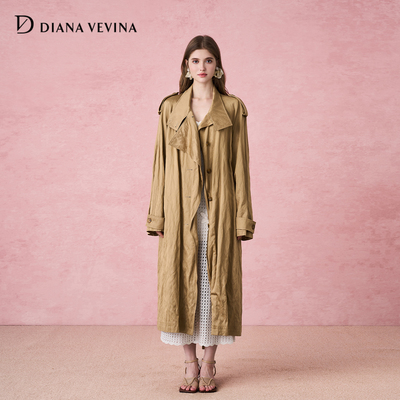 DIANAVEVINA2025秋冬新品翻领长款风衣女宽松休闲工装风收腰外套