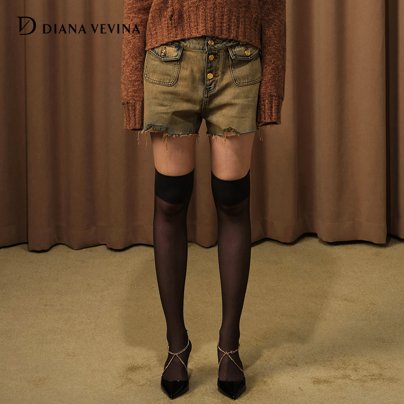 DIANA VEVINA复古水洗喷色做旧磨边牛仔裤女秋新款短裤