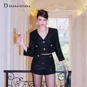 VEVINA秋新款 千金轻奢小香风黑色V领短款 外套短裤 DIANA 套装