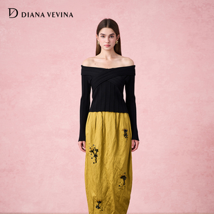 设计感小衫 DIANAVEVINA2025秋季 女修身 新款 交叉领口一字肩针织衫