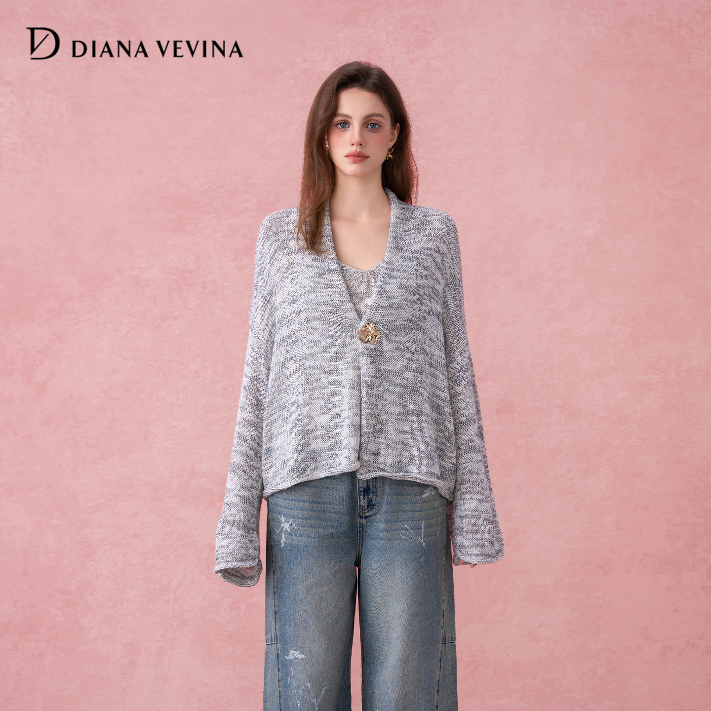 DIANAVEVINA2025秋冬新品花纱V领落肩袖毛衫外套吊带背心针织套装