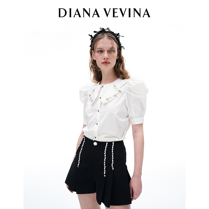 DIANA VEVINA春夏新款带钻白色衬衫黑色短裤少女感通勤套装