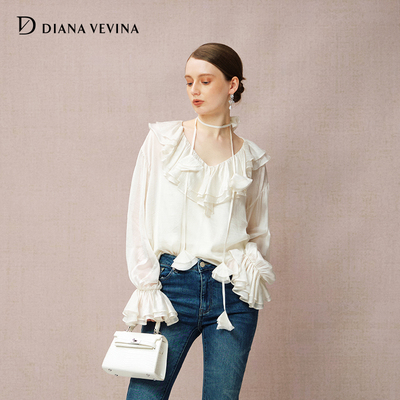 DIANAVEVINA秋季新款法式V领醋酸薄透小衫荷叶袖雪纺衫