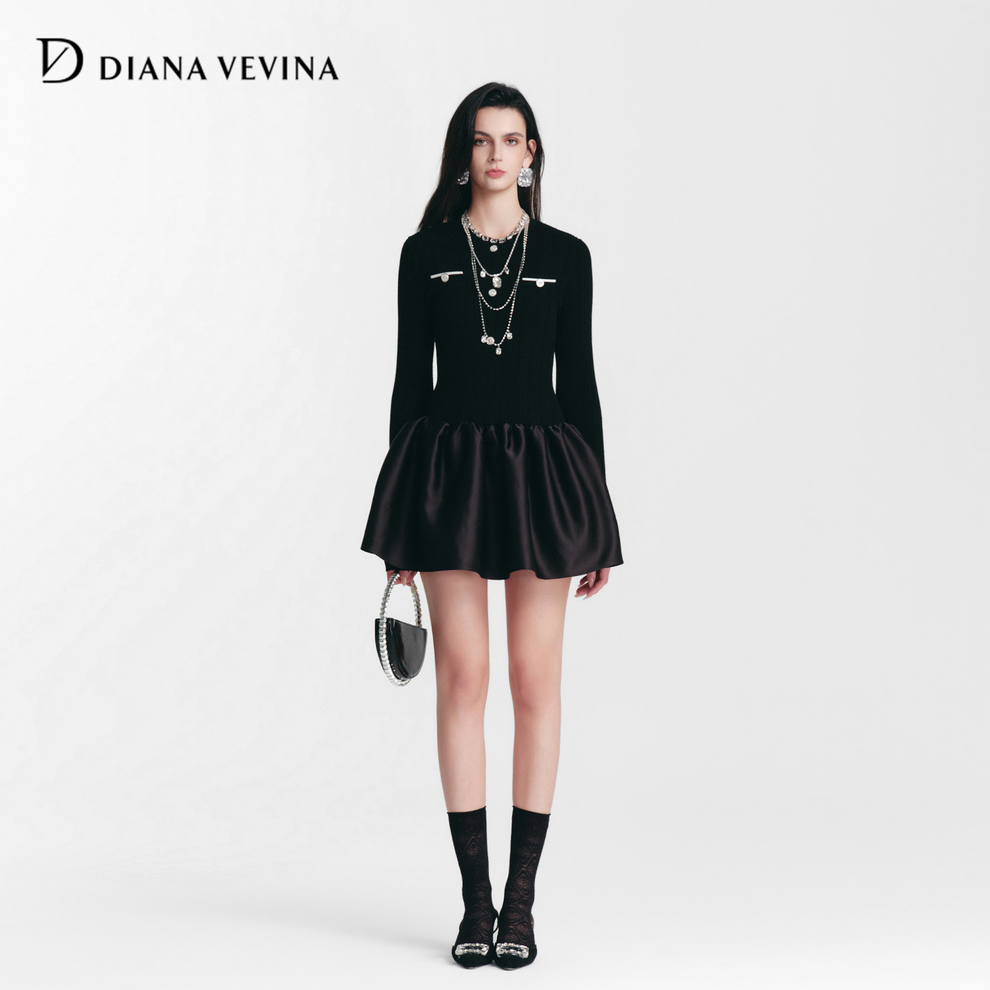 DIANAVEVINA2025冬季新款法式黑色长袖拼接羊毛女收腰针织连衣裙