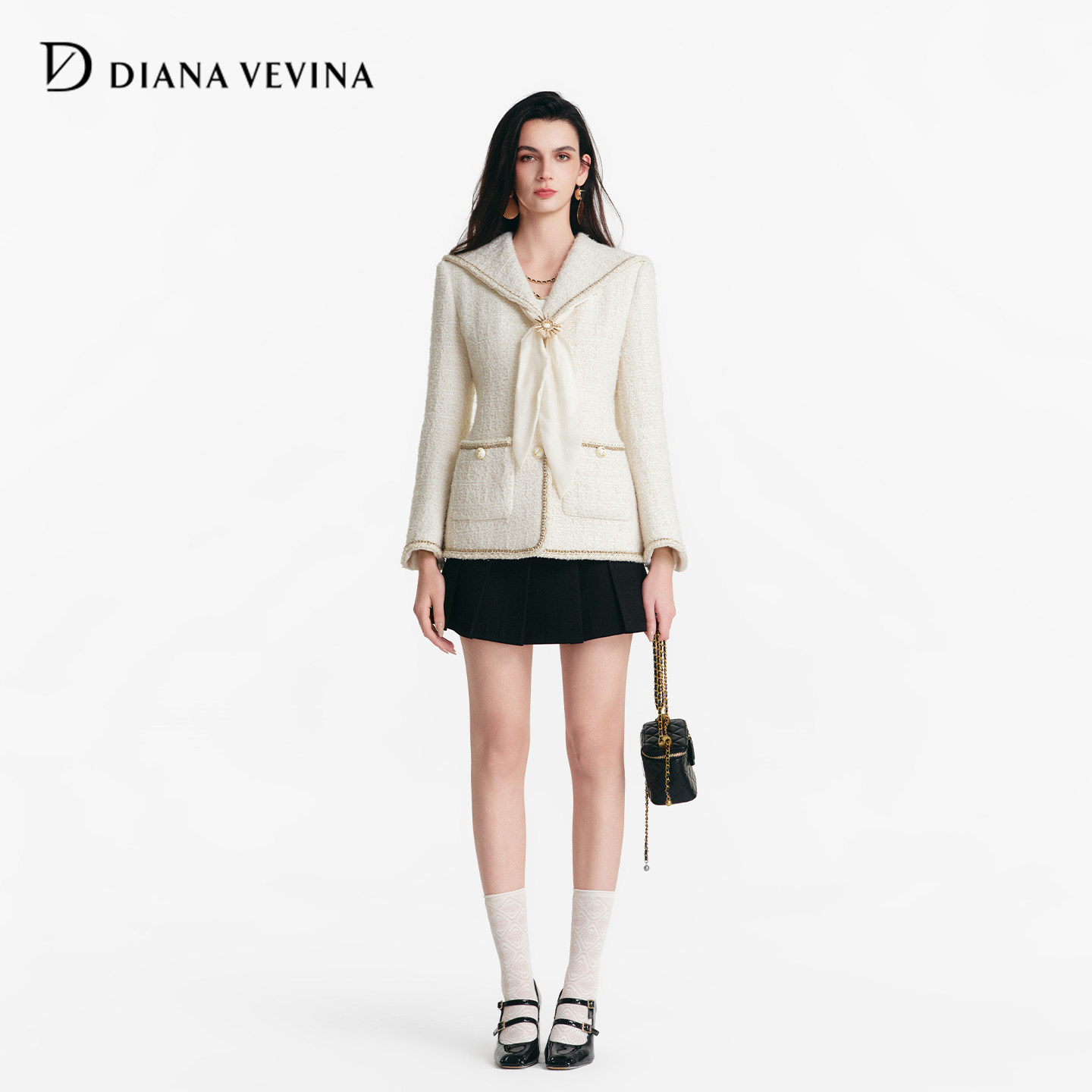 DIANAVEVINA2026春季新款小香风粗花呢女海军领系带中长修身外套