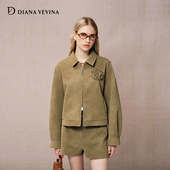 新款 DIANA VEVINA秋季 咖啡色仿麂皮花朵皮衣小翻领宽松复古外套