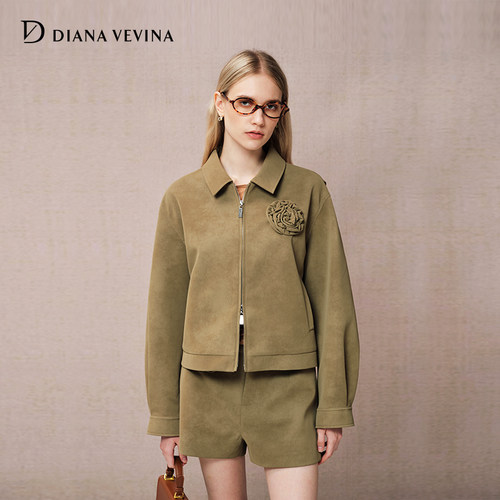 DIANA VEVINA秋季新款咖啡色仿麂皮花朵皮衣小翻领宽松复古外套
