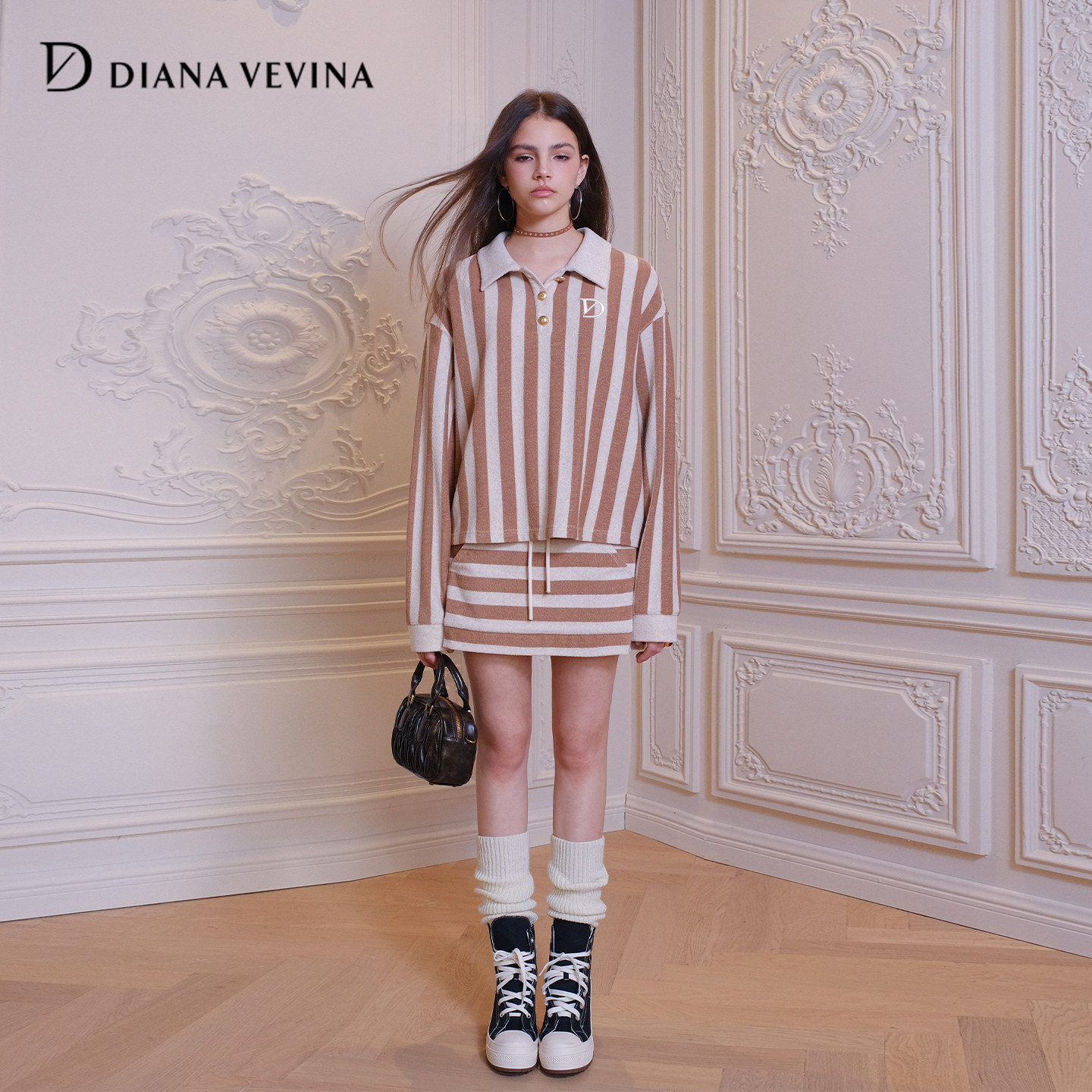 DIANAVEVINA冬新款复古条纹polo领套装女显瘦两件套时尚短裙