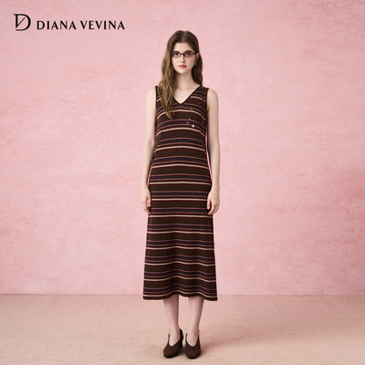 DIANAVEVINA秋冬新品无袖条纹V领背心长裙女修身毛针织连衣裙