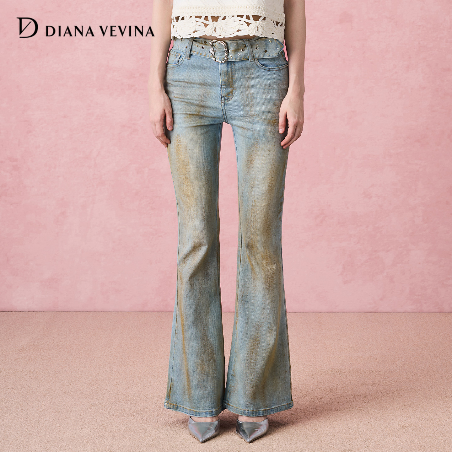 【刘人语同款】DIANAVEVINA 秋新款做旧喇叭裤女腰带复古牛仔裤