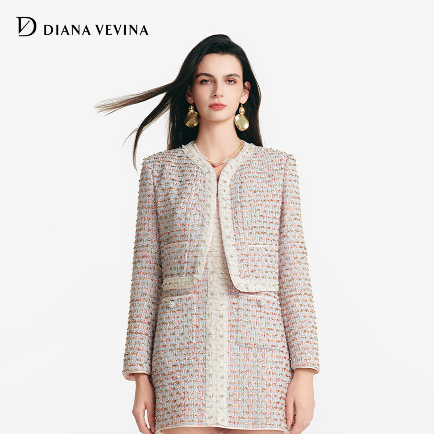 DIANAVEVINA2026春季新款小香风粗花呢欧根纱花边V领修身女短外套,女装/女士精品,短外套,淘宝优惠券,粉丝福利购,淘宝优惠卷