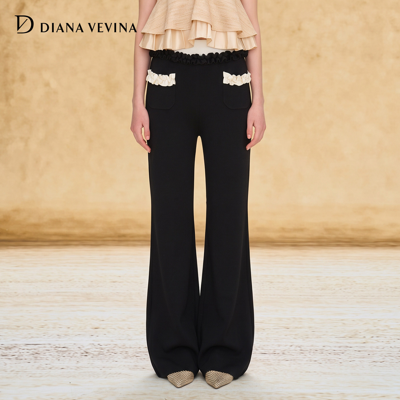 DIANAVEVINA2026秋新款撞色木耳边女修身花朵口袋针织休闲喇叭裤