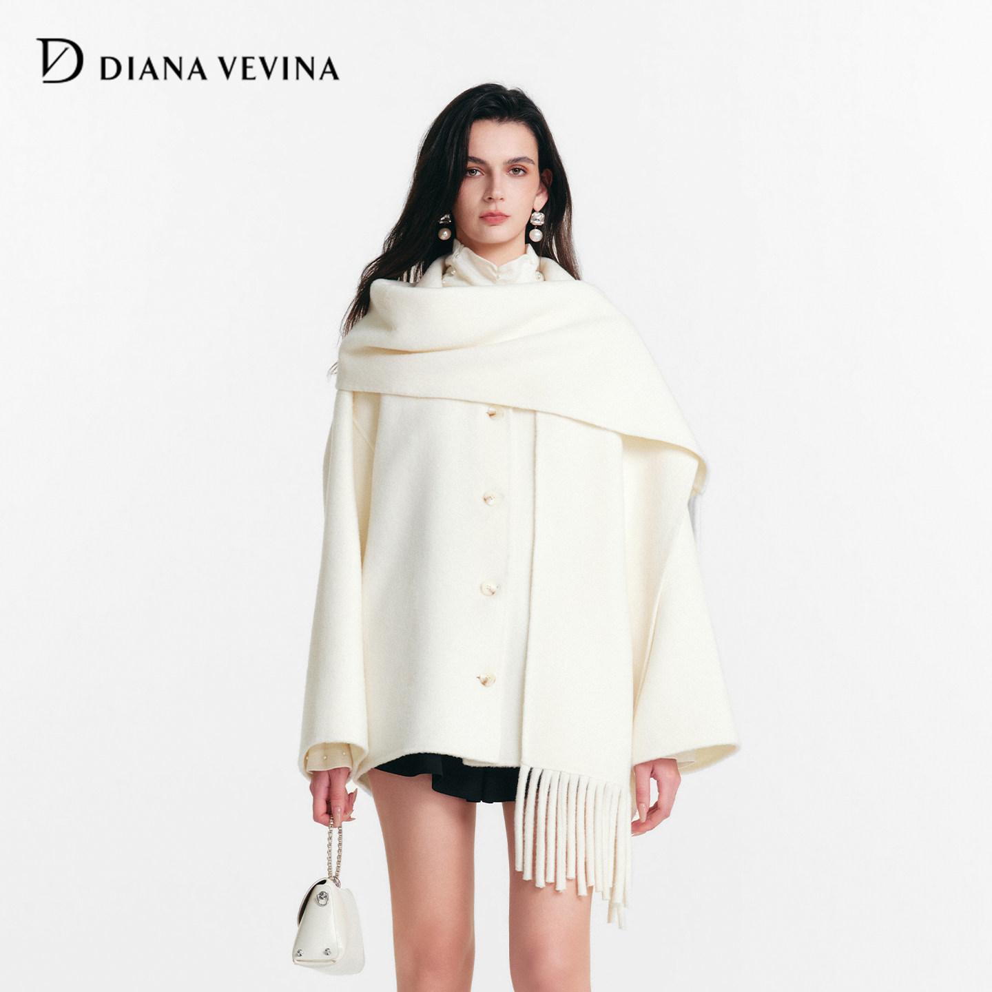 【蒋梦婕同款】DIANAVEVINA 冬季新款流苏围巾领绵羊毛呢大衣外套