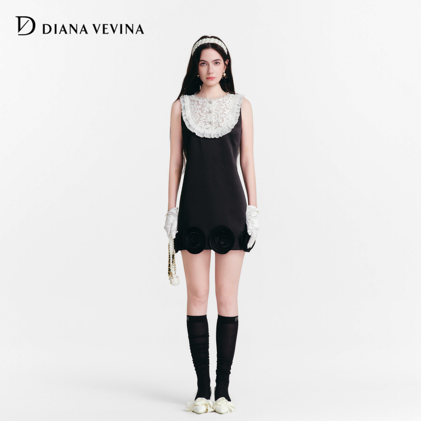 DIANAVEVINA25冬季新款撞色女蕾丝领花边收腰无袖花朵修身连衣裙