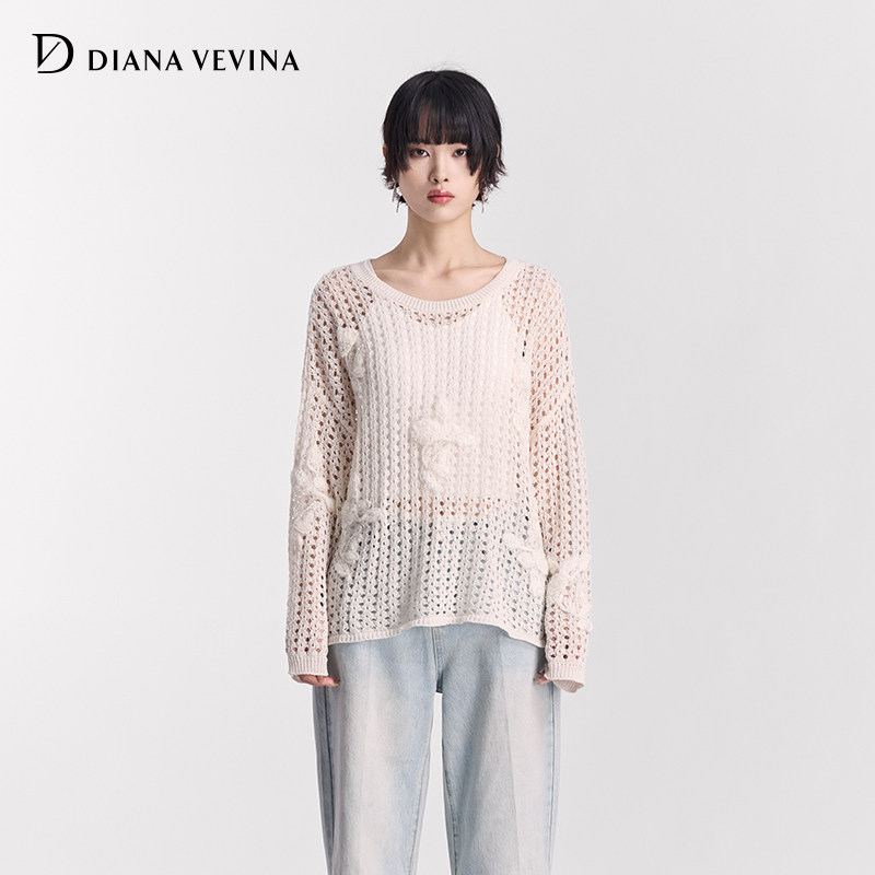 DIANAVEVINA2025秋季新款针织衫女立体镂空时尚套头衫宽松罩衫