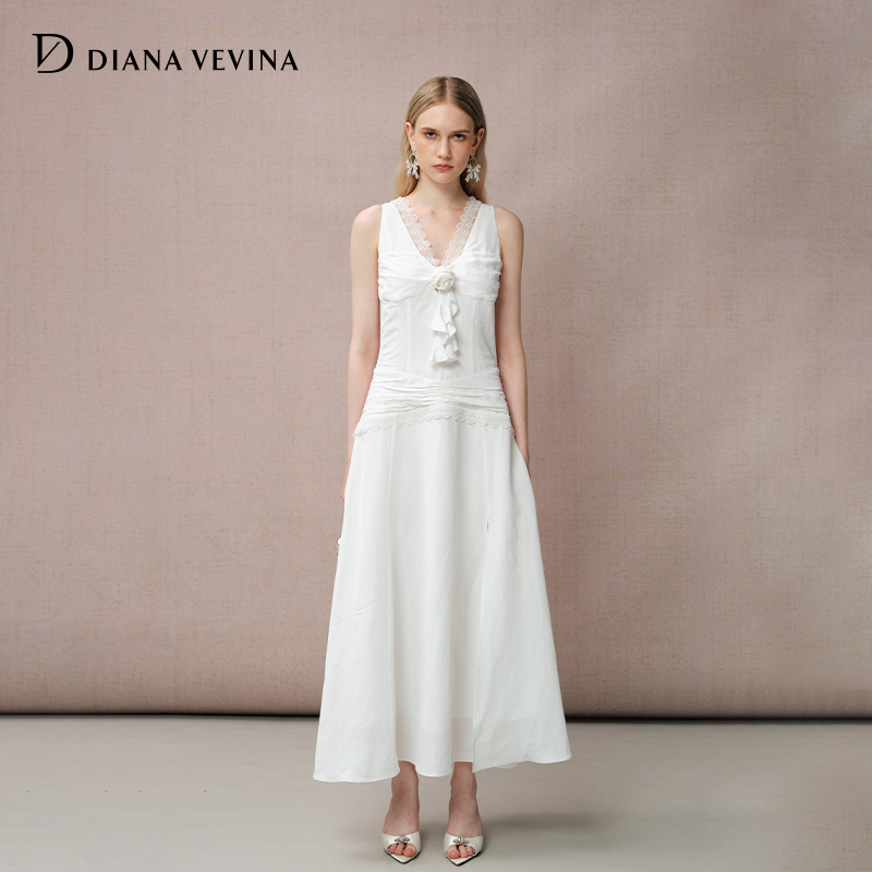 DIANAVEVINA2025夏季新款连衣裙女V领无袖时尚气质收腰白色长裙子