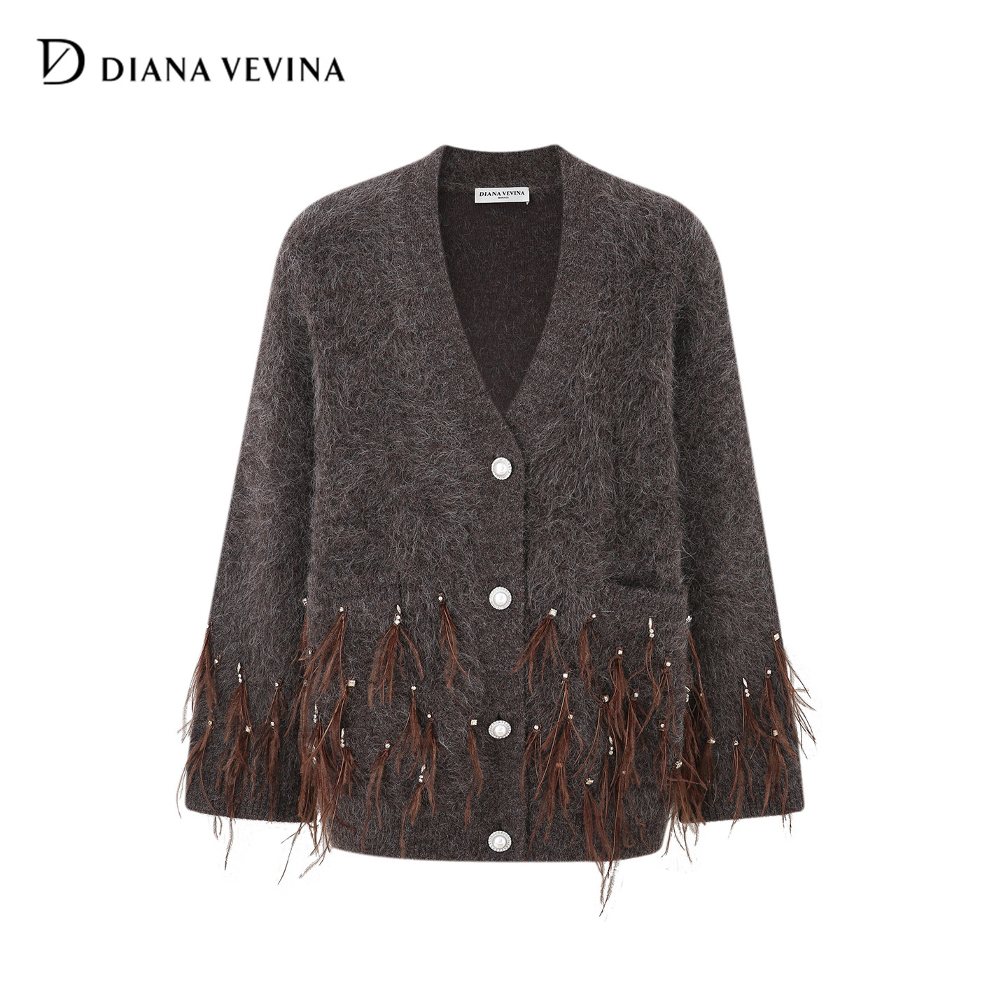 DIANAVEVINA冬季新款复古羽毛钉珠毛衣女V领针织开衫百搭外套