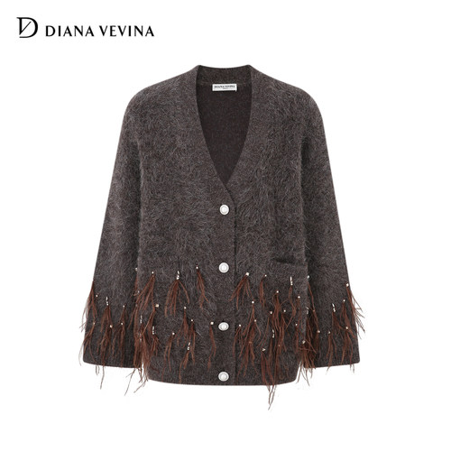 DIANAVEVINA2025冬季新款复古羽毛钉珠毛衣女V领针织开衫百搭外套