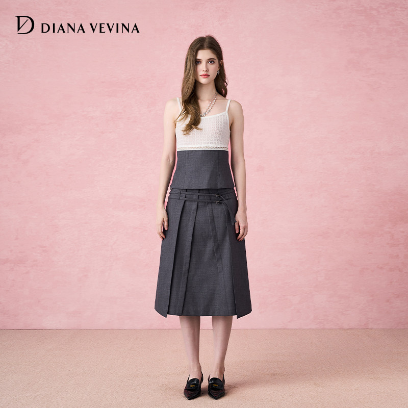 【海陆同款】DIANAVEVINA 秋季新款针织蕾丝吊带女双腰半裙套装