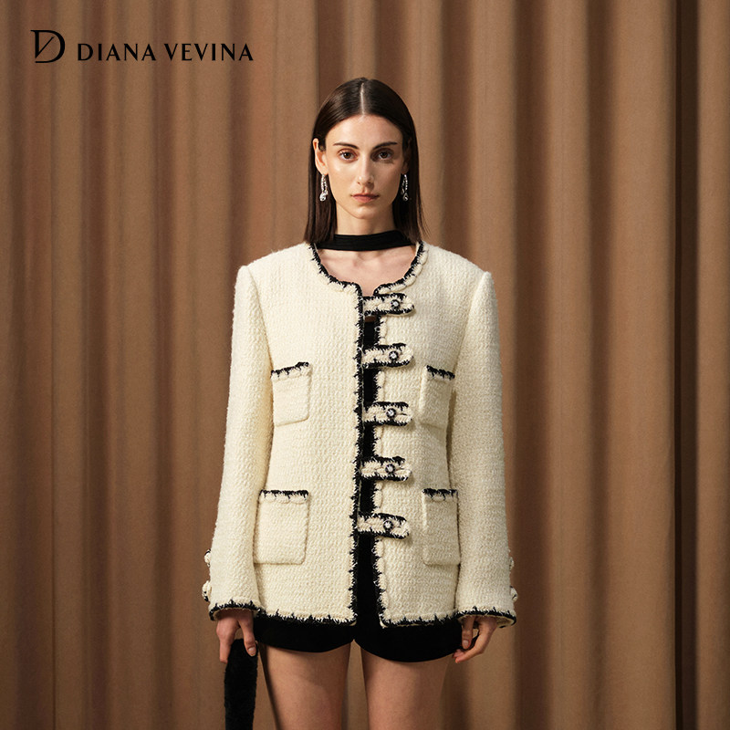 DIANAVEVINA秋冬新款羊毛黑白拼色织带小香风中长款外套,女装/女士精品,短外套,淘宝优惠券,粉丝福利购,淘宝优惠卷