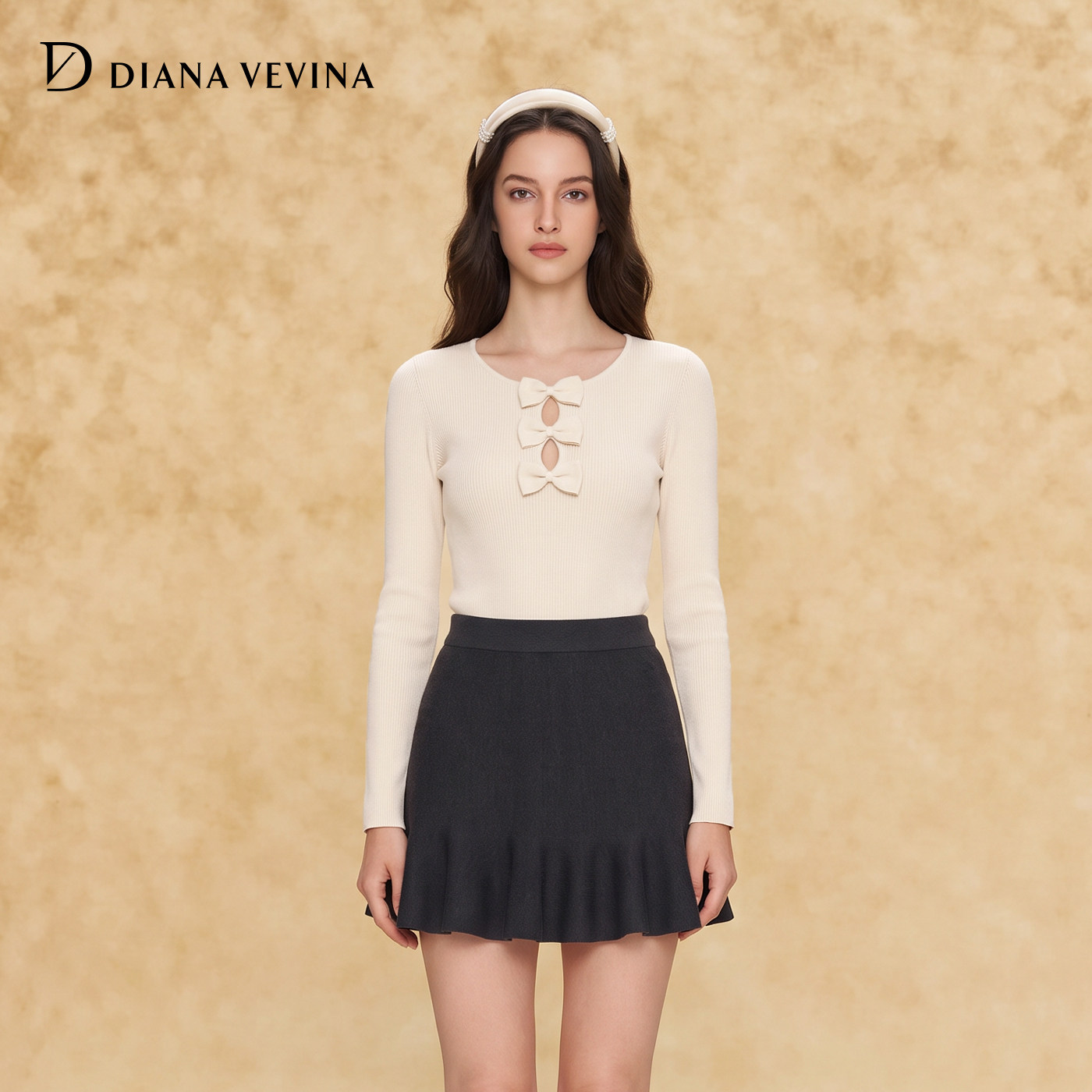 严选DIANAVEVINA 26秋冬新款温柔蝴蝶结针织衫女修身打底绵羊毛衣