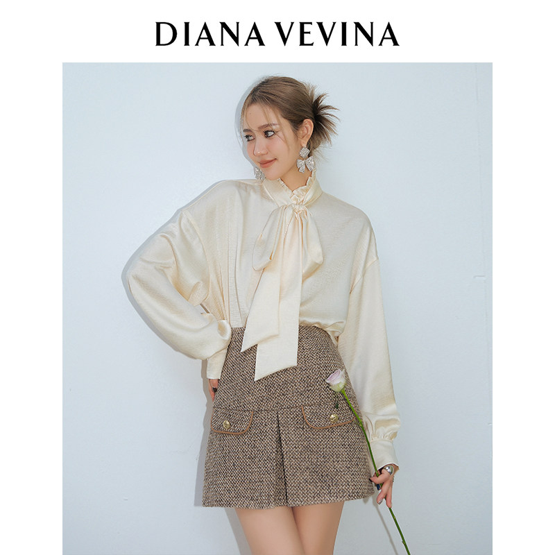 DIANA VEVINA 23SS 弦子同款法式夏香槟色蝴蝶结衬衫咖色半裙套装