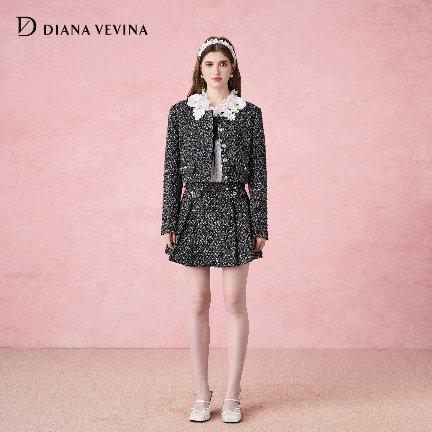 DIANAVEVINA秋季新款灰色时尚套装女小香风粗花呢外套A字短裙,女装/女士精品,时尚套装,淘宝优惠券,粉丝福利购,淘宝优惠卷