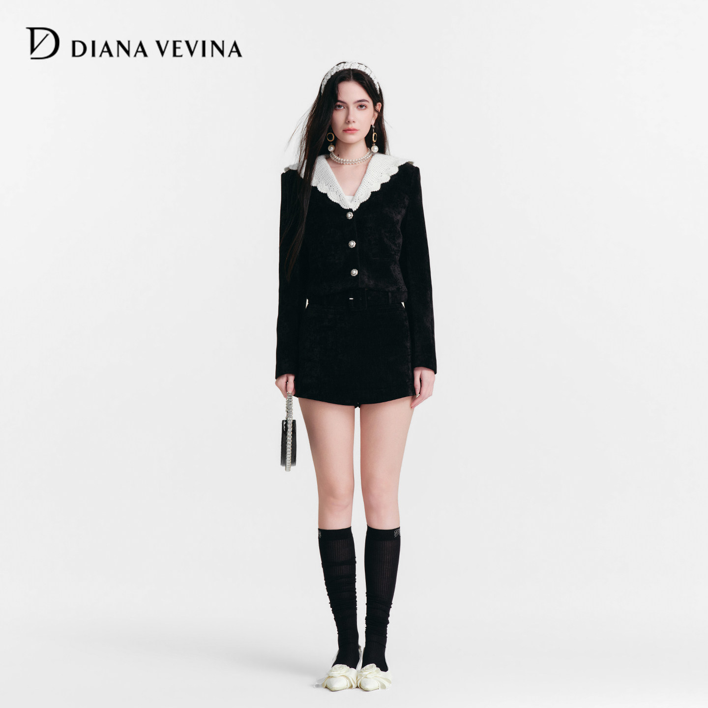 DIANAVEVINA冬季新款立体钩针海军花领丝绒外套裙裤修身套装